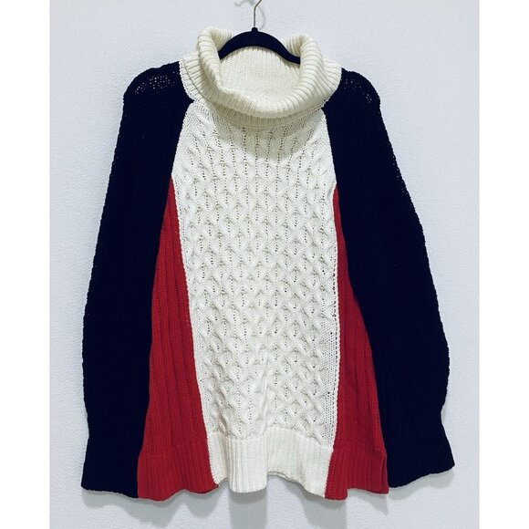 Talbots Sweater Womens XL Color Block Mixed Cable Knit Cowl Neck Chunky Cozy - Picture 2 of 8